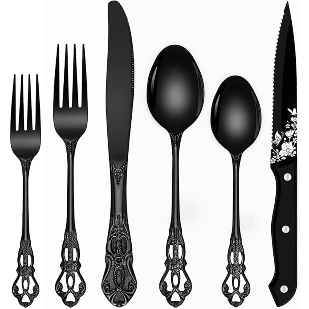 Black Silverware Set, Ollex 24 PCS Silverware Flatware Set for 4